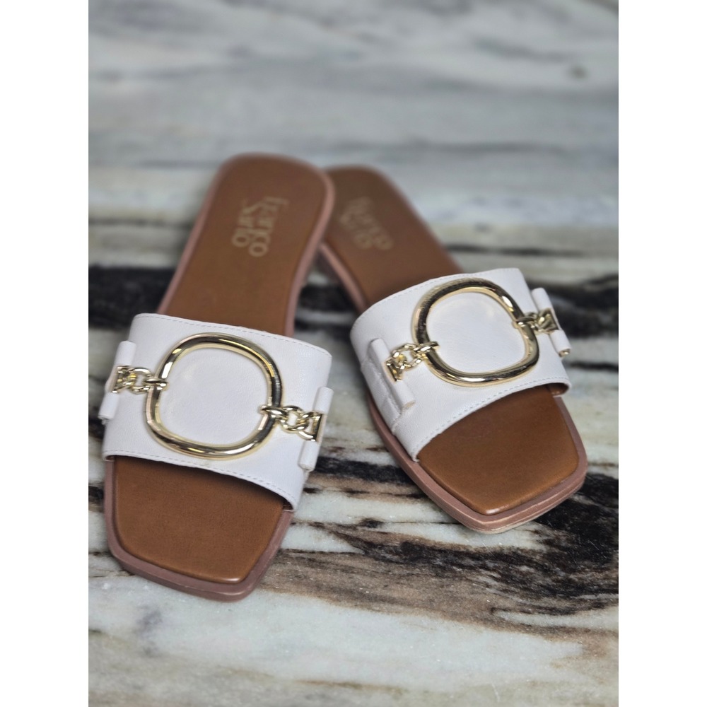 Franco Sarto White Leather Square Toe Slide Sandals Gold Ring Chain Detail 7M